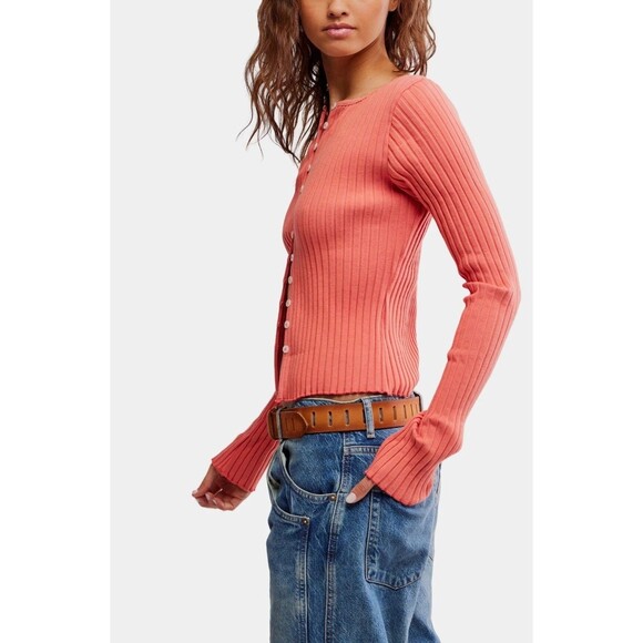 Free People Tilly Long-Sleeve Cardi Blouse Top Knit Ribbed Buttondown S 281393 - Picture 3 of 7